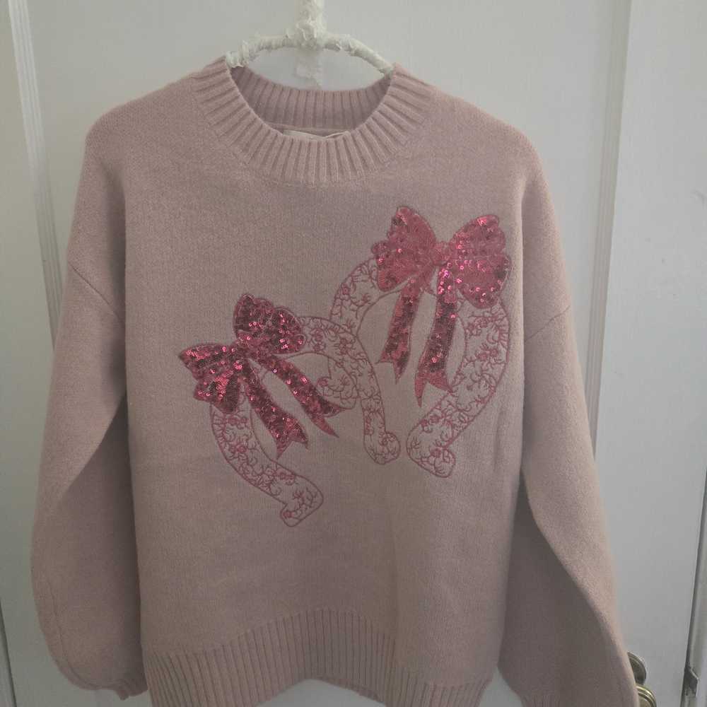 Listicle Pink Sweater with Glitter Bow Accents